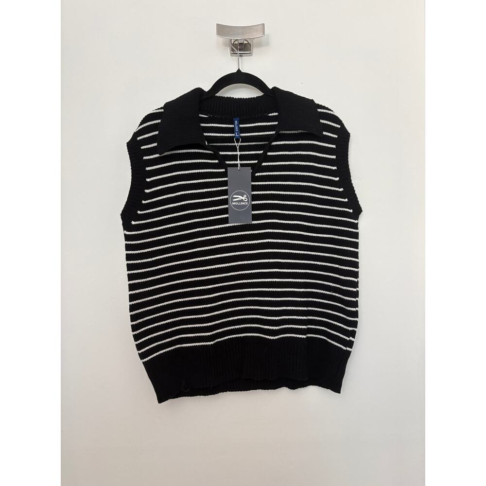 IWOLLENCE Black White Striped Mock Neck Sleeveless Sweater Vest Size Large NWT